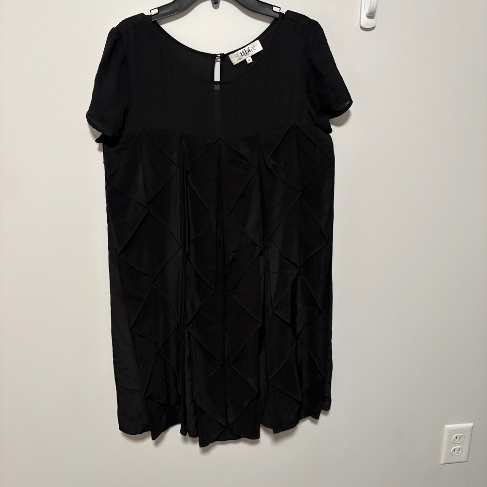 Tibi Geometric Origami Pleated Mini Dress Womens Black size 8 Silk Short Sleeve